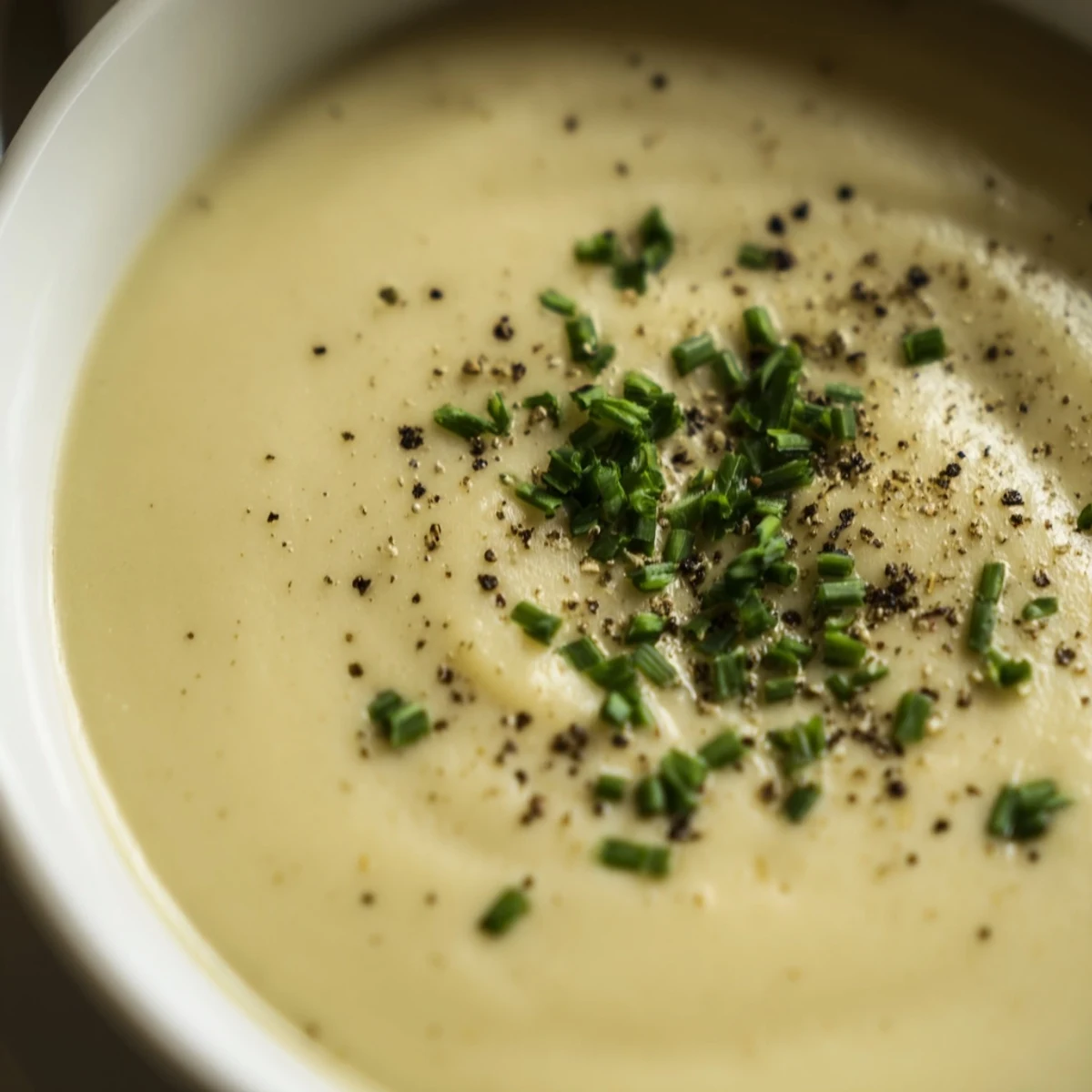 Golden Creamy Leek Soup with Potatoes in a white bowl, topped with cracked black pepper, ready to enjoy with a spoon.