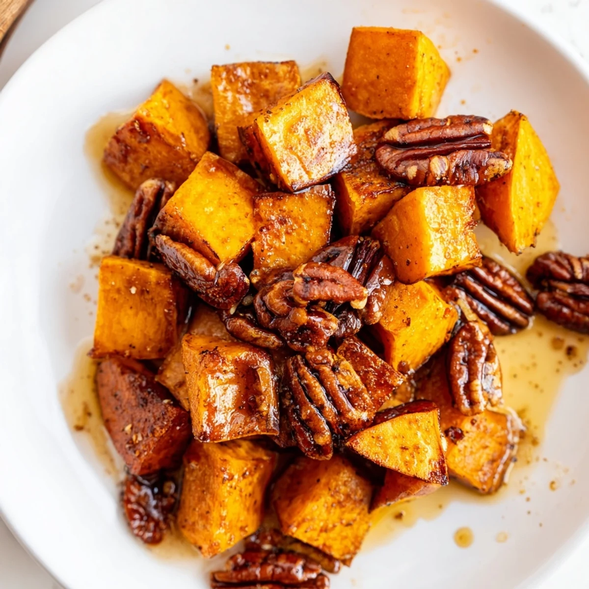 Caramelized cubes of roasted sweet potatoes with pecans and a drizzle of maple syrup on a baking sheet.