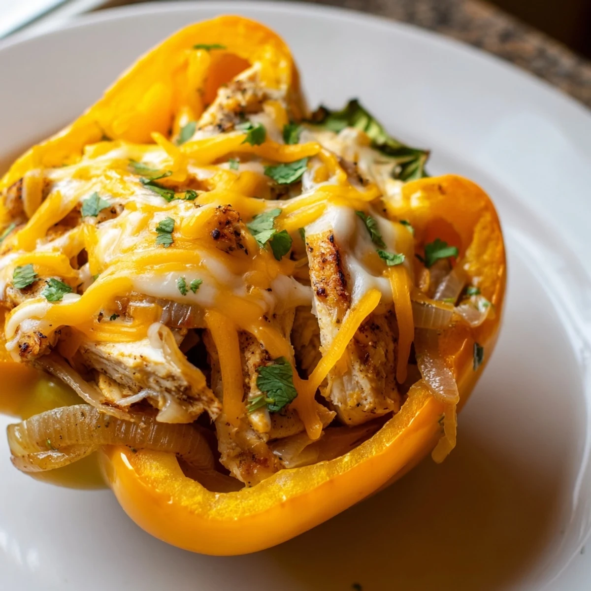 Golden-brown Chicken Fajita Stuffed Peppers topped with melted cheese and fresh cilantro.