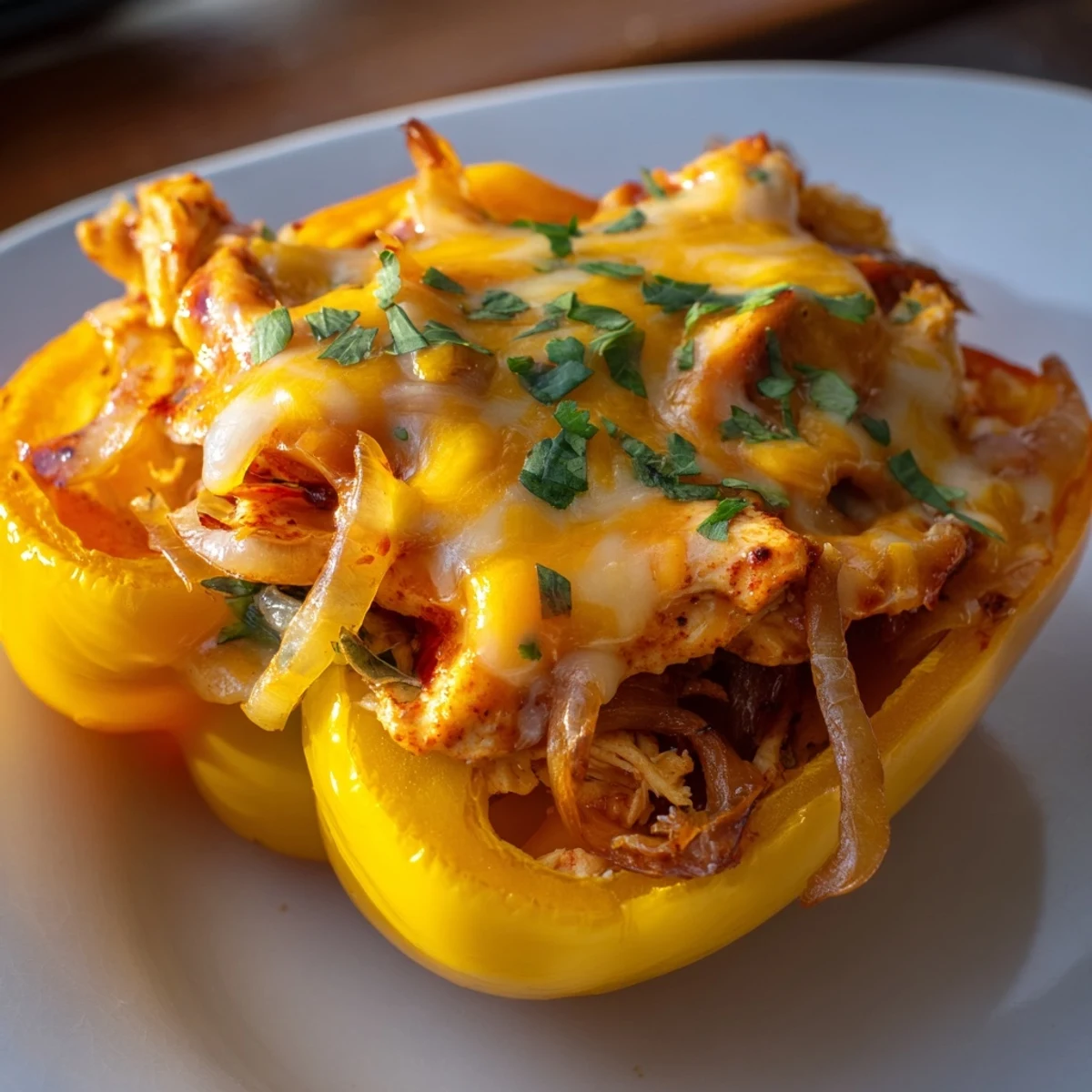Freshly baked Chicken Fajita Stuffed Peppers served warm with a dollop of sour cream.