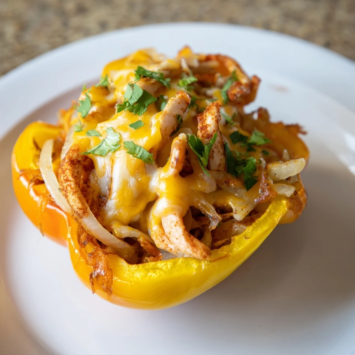 Colorful roasted peppers filled with sizzling chicken, peppers, and onions in a savory sauce.