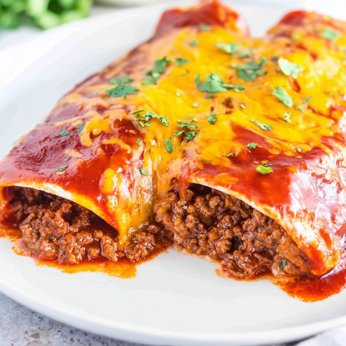 Freshly baked Beef Enchiladas with Red Sauce topped with cilantro and sour cream, served hot and cheesy for a family dinner.