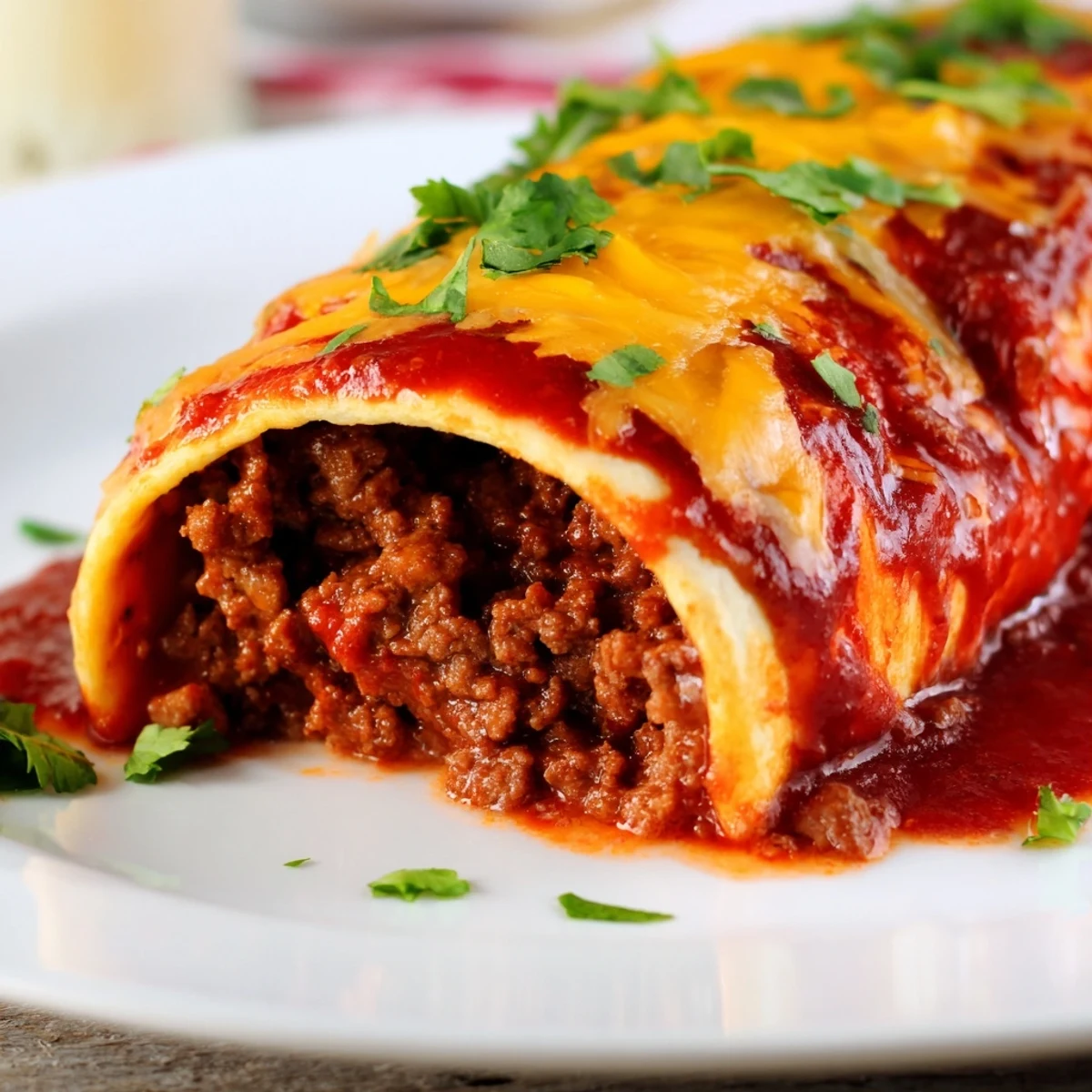 Close-up of juicy Beef Enchiladas with Red Sauce in a baking dish, melted cheese and red sauce bubbling for a comforting meal.