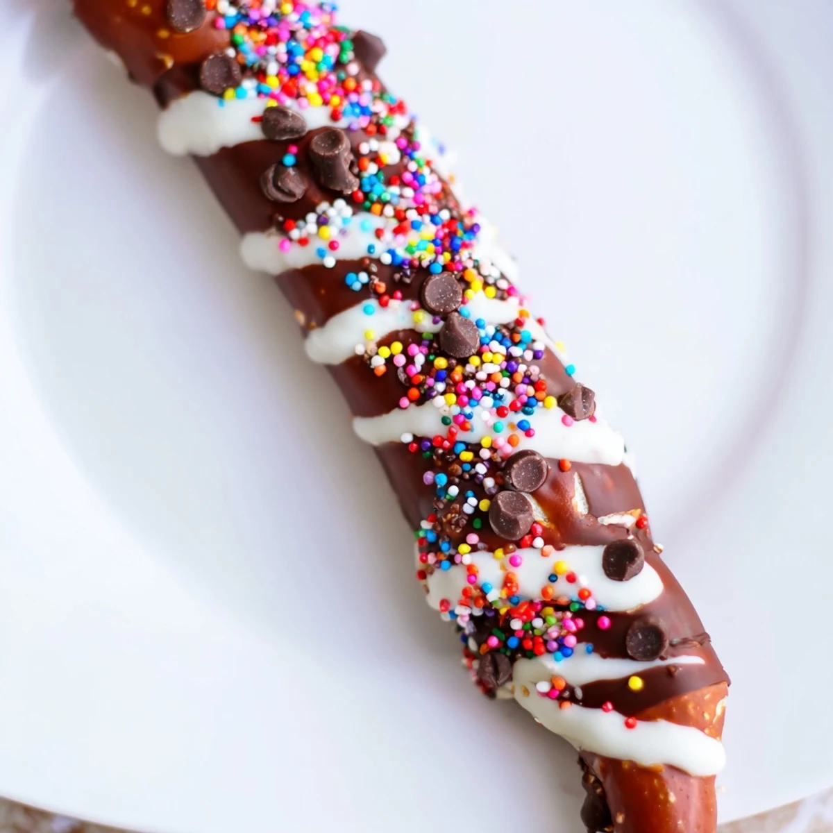Crunchy pretzel rods dipped in rich chocolate and colorful sprinkles, ready to serve at a party.