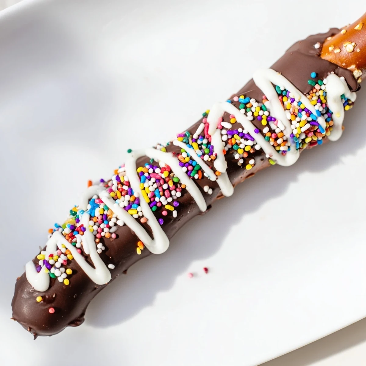 Sweet and salty Chocolate Covered Pretzel Rods arranged on parchment paper with a white chocolate drizzle.