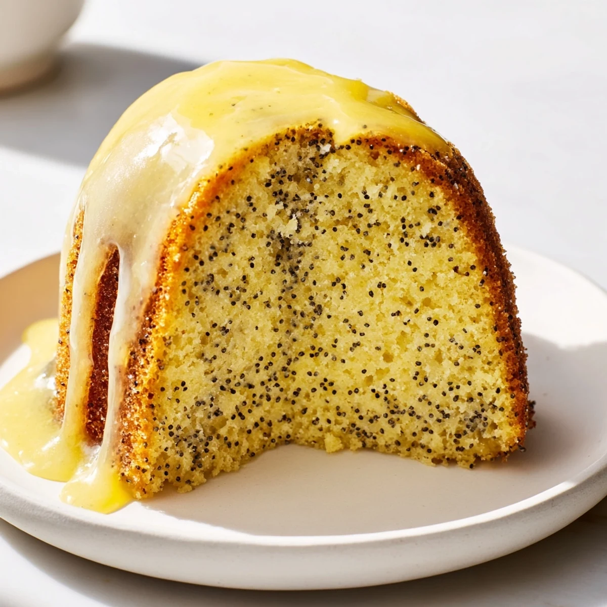 Freshly baked Lemon Poppy Seed Bundt Cake with a shiny lemon glaze dripping down the fluted ridges.