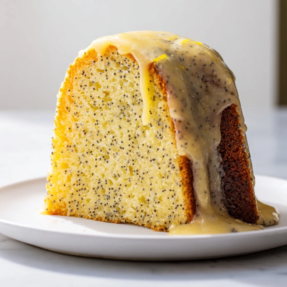 A golden Lemon Poppy Seed Bundt Cake sits on a marble counter beside fresh lemon slices.