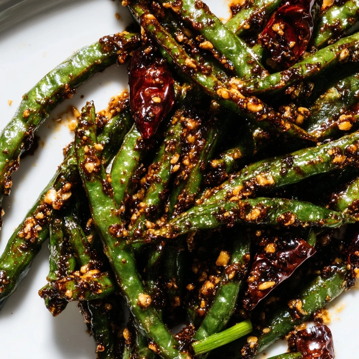 Crisp-tender Spicy Szechuan Green Beans glisten with a bold chili glaze, flecked with garlic and ginger for a fiery bite.