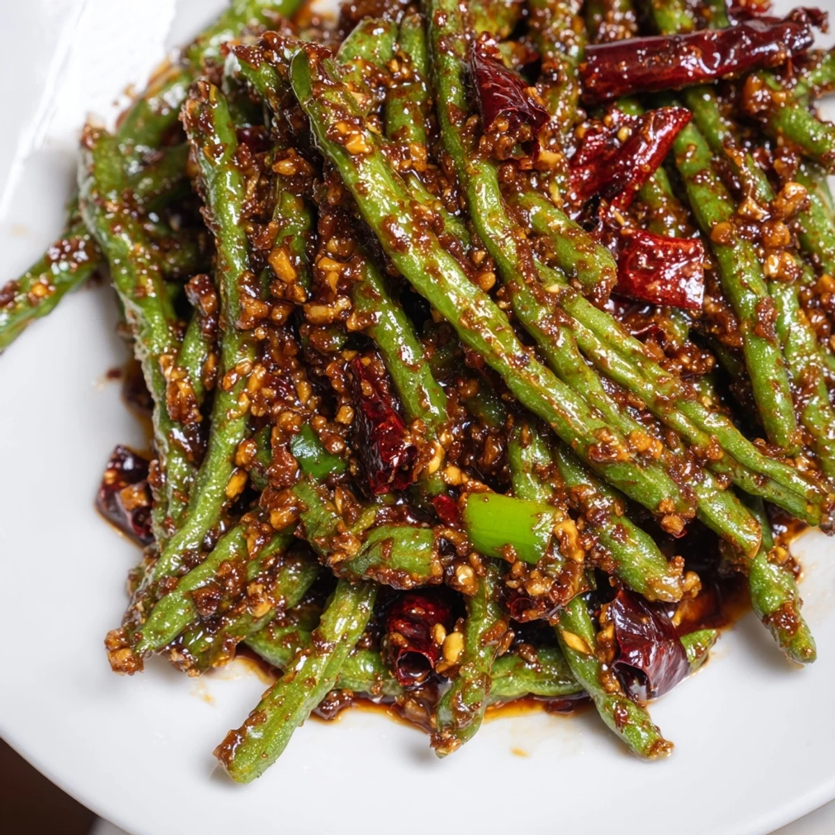 Fresh blisters on vibrant green beans highlight this Spicy Szechuan Green Beans side, perfect for pairing with steamed jasmine rice.