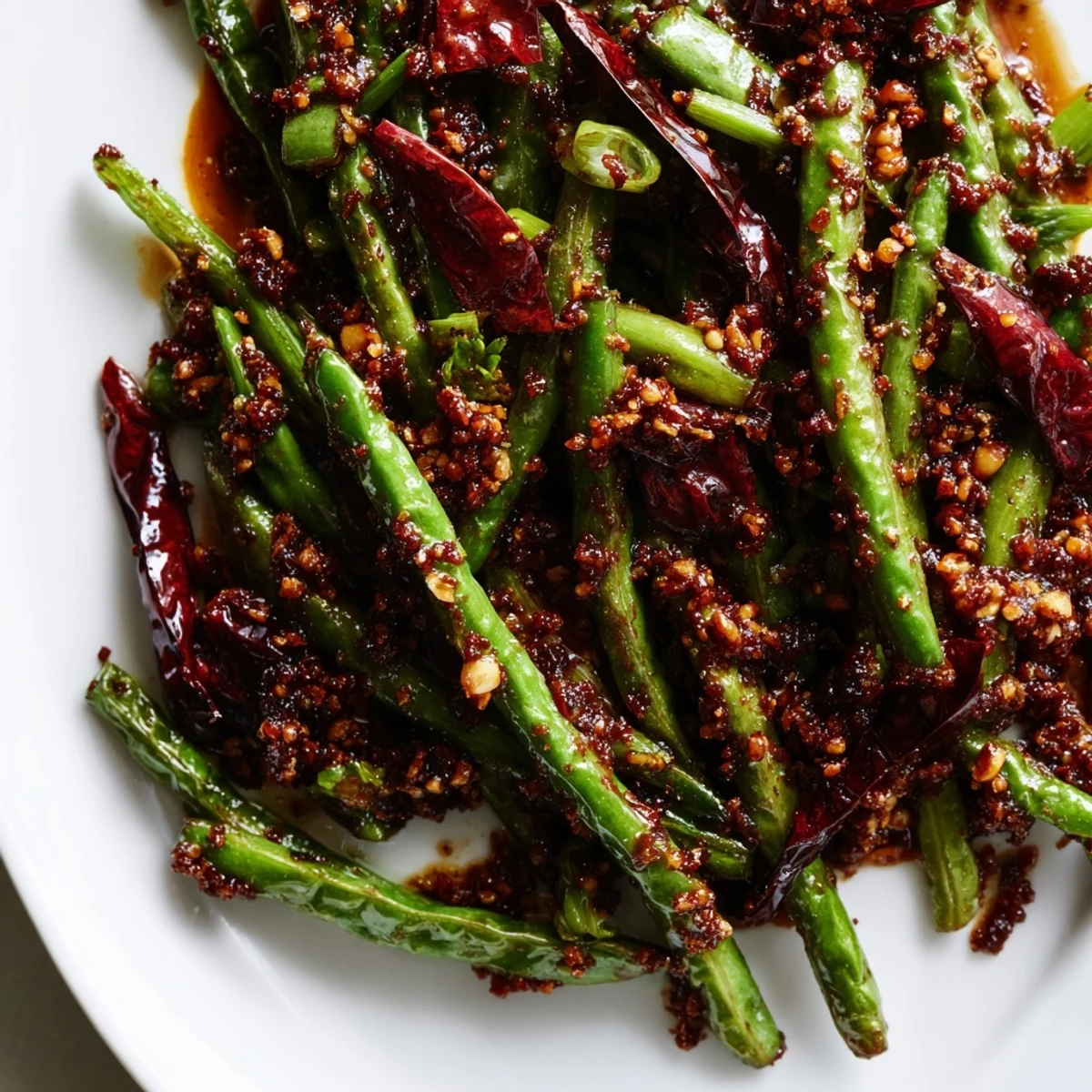 The aromatic Spicy Szechuan Green Beans feature minced garlic and ginger, tossed in a glossy, savory sauce with a hint of sesame.