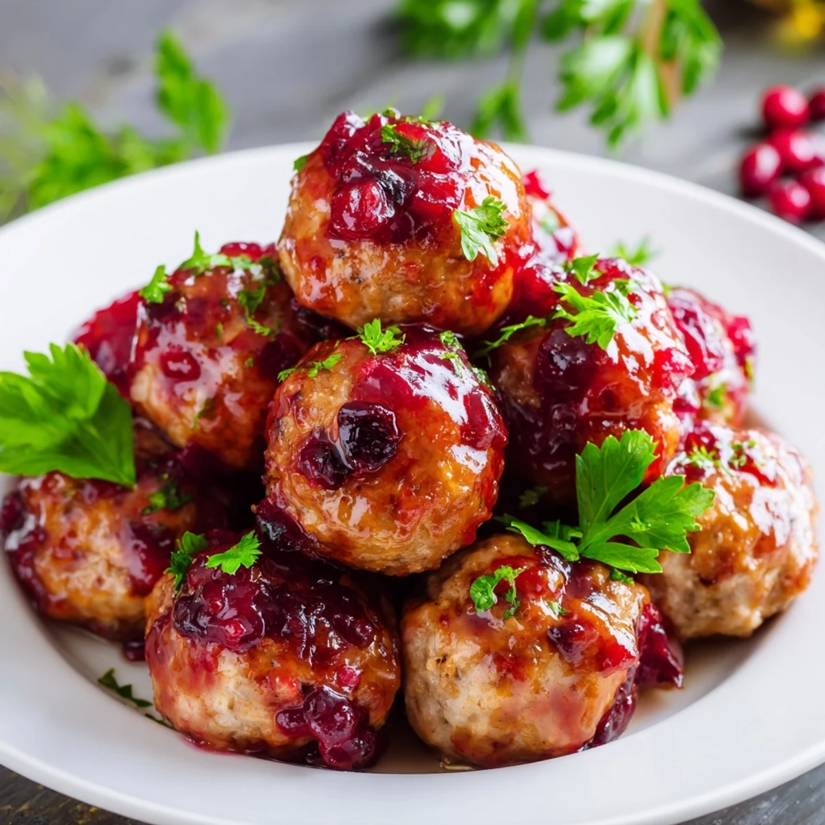 A close-up of glazed Turkey Meatballs with Cranberry Glaze served over fluffy white rice with a spoon.