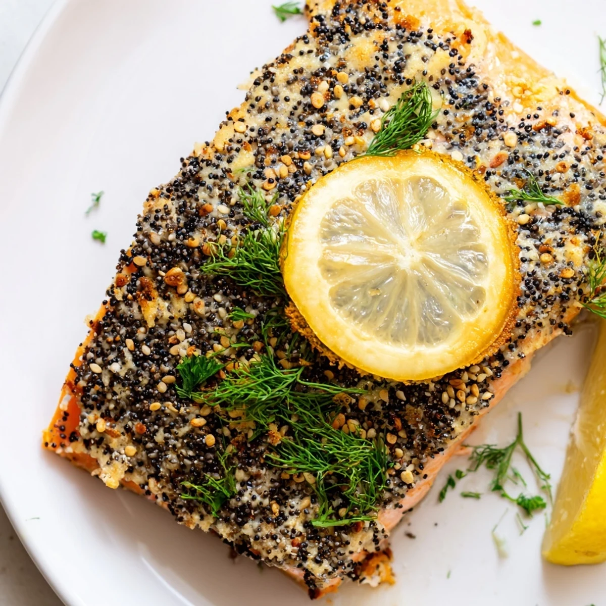 Golden brown Baked Salmon with Everything Bagel Seasoning rests on a baking sheet, topped with lemon slices and fresh dill.