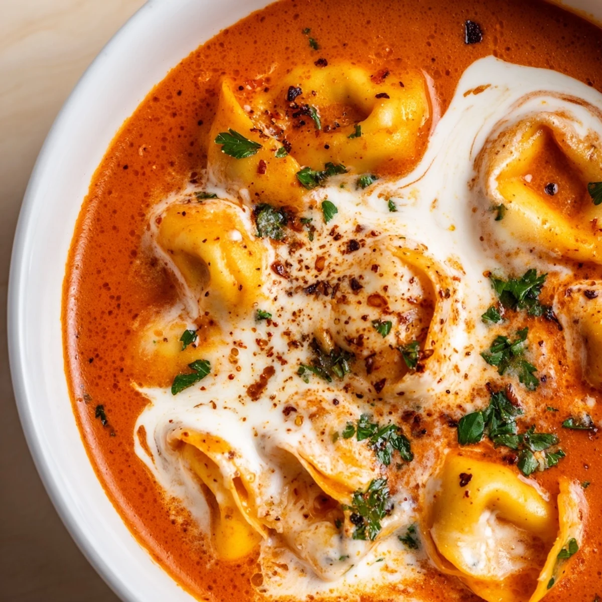Creamy Tomato Tortellini Soup steaming in a white bowl, garnished with fresh basil and melted Parmesan cheese.