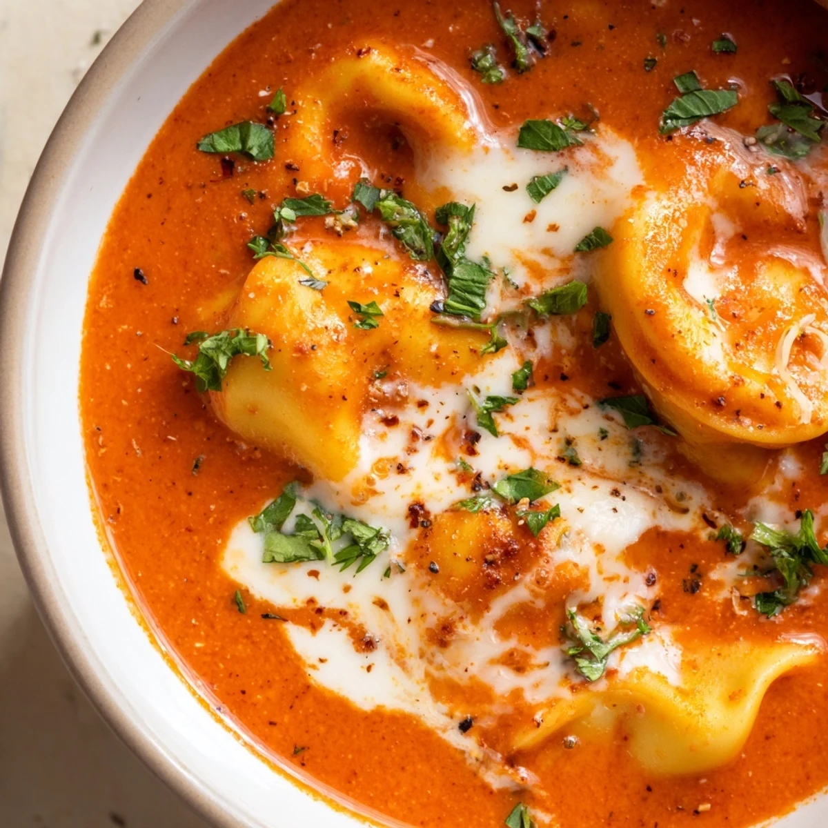 Hearty Creamy Tomato Tortellini Soup served with crusty bread for dipping, perfect for a cozy weeknight dinner.