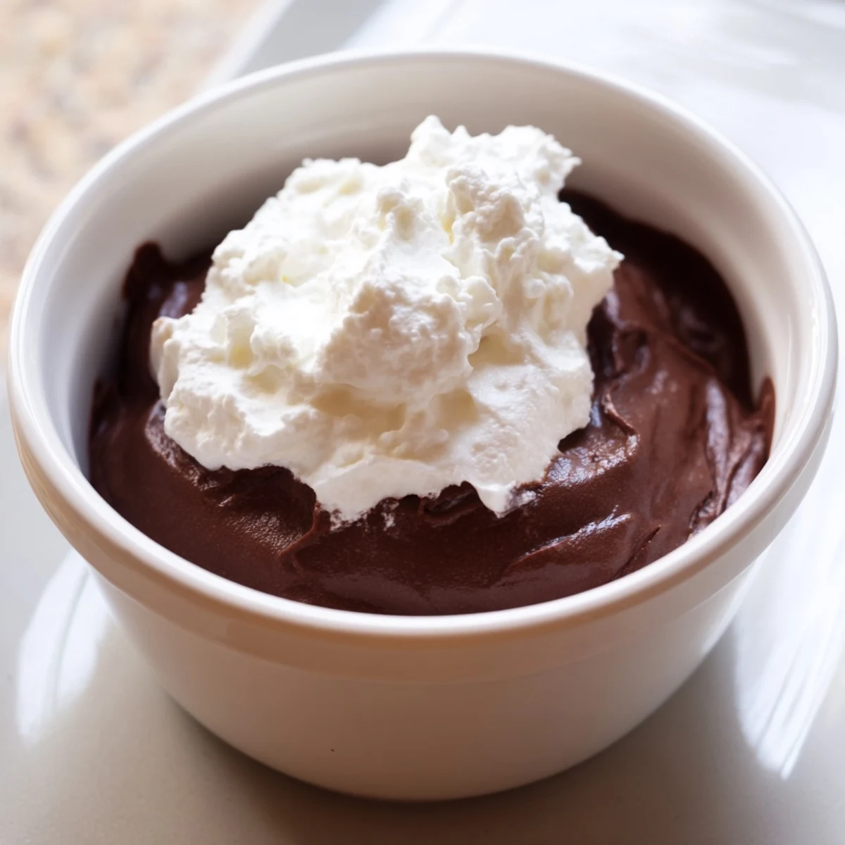 Decadent Chocolate Mousse with Whipped Cream topped with a fluffy dollop, ready to serve after a French dinner.