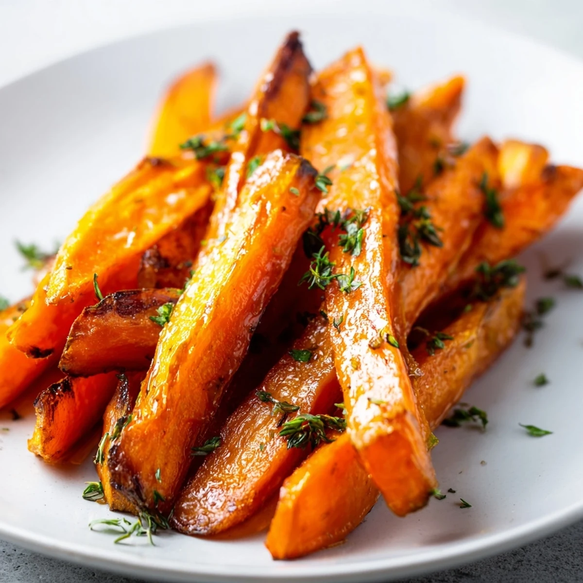 Golden Roasted Carrots with Honey and Thyme glisten on a platter, garnished with fresh parsley for a sweet side dish.