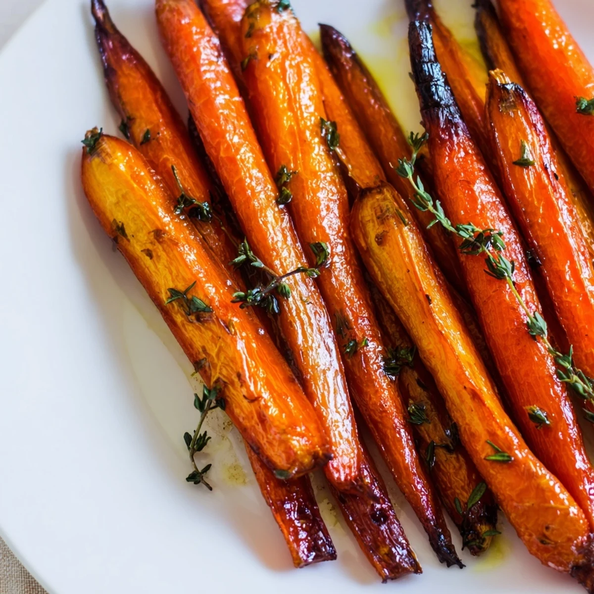 Tender Roasted Carrots with Honey and Thyme caramelize on a baking sheet, showcasing fresh thyme leaves and olive oil.