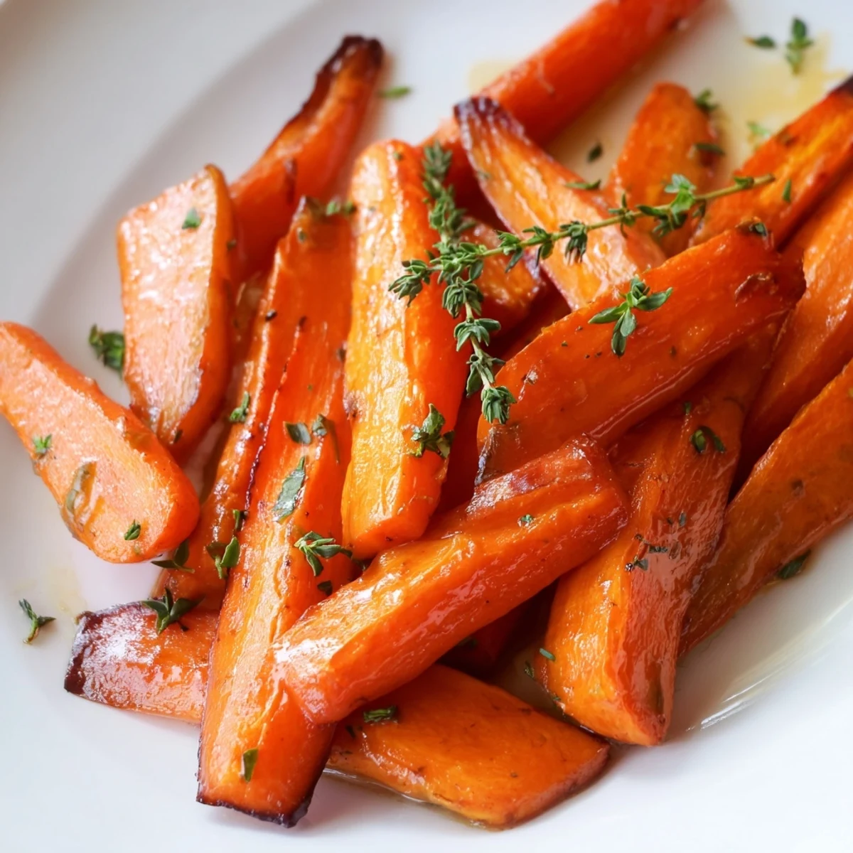 Roasted Carrots with Honey and Thyme served warm alongside a main course, highlighting their vibrant orange color and herb garnish.