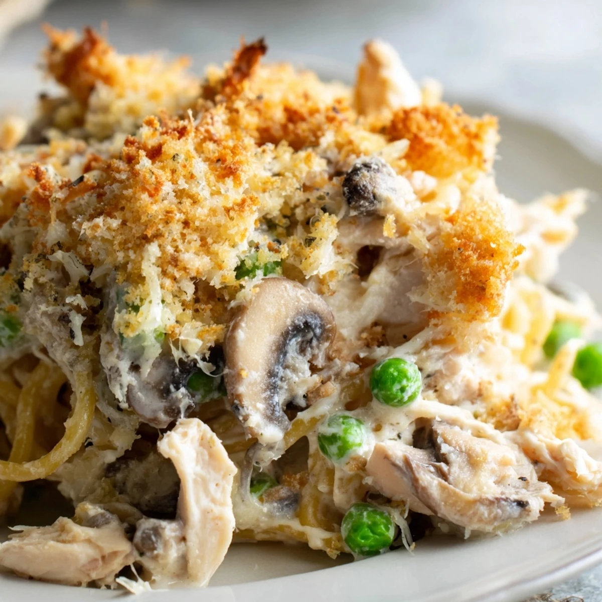 Freshly baked Turkey Tetrazzini casserole with tender pasta, savory mushrooms, and a bubbly Parmesan cheese crust.