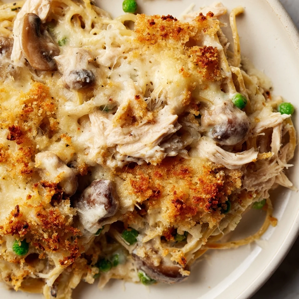 A close-up of creamy Turkey Tetrazzini with mushrooms and melted mozzarella, topped with golden panko breadcrumbs.