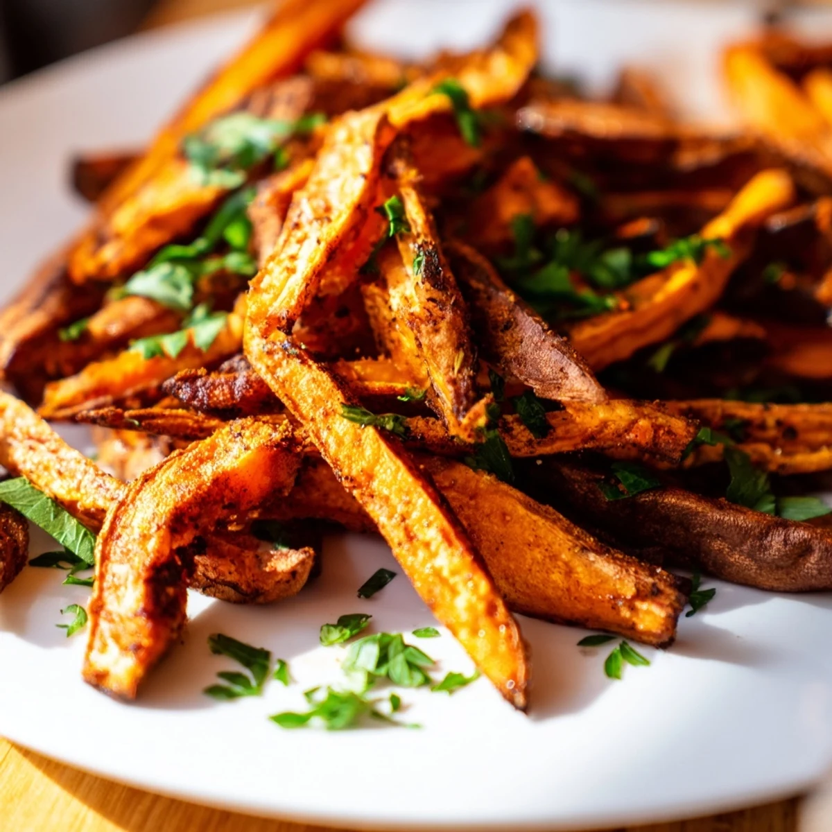 Golden Crispy Air Fryer Sweet Potato Fries served in a rustic bowl next to a small dish of dipping sauce.