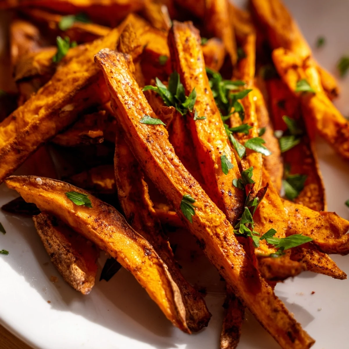 Homemade Crispy Air Fryer Sweet Potato Fries with golden edges on a tray, ready to enjoy as a side dish.