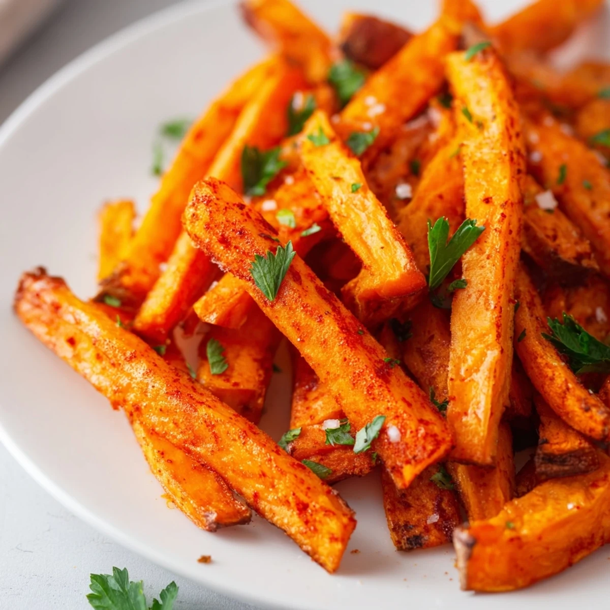 Seasoned Crispy Air Fryer Sweet Potato Fries piled high on a plate, garnished with fresh parsley and sea salt.