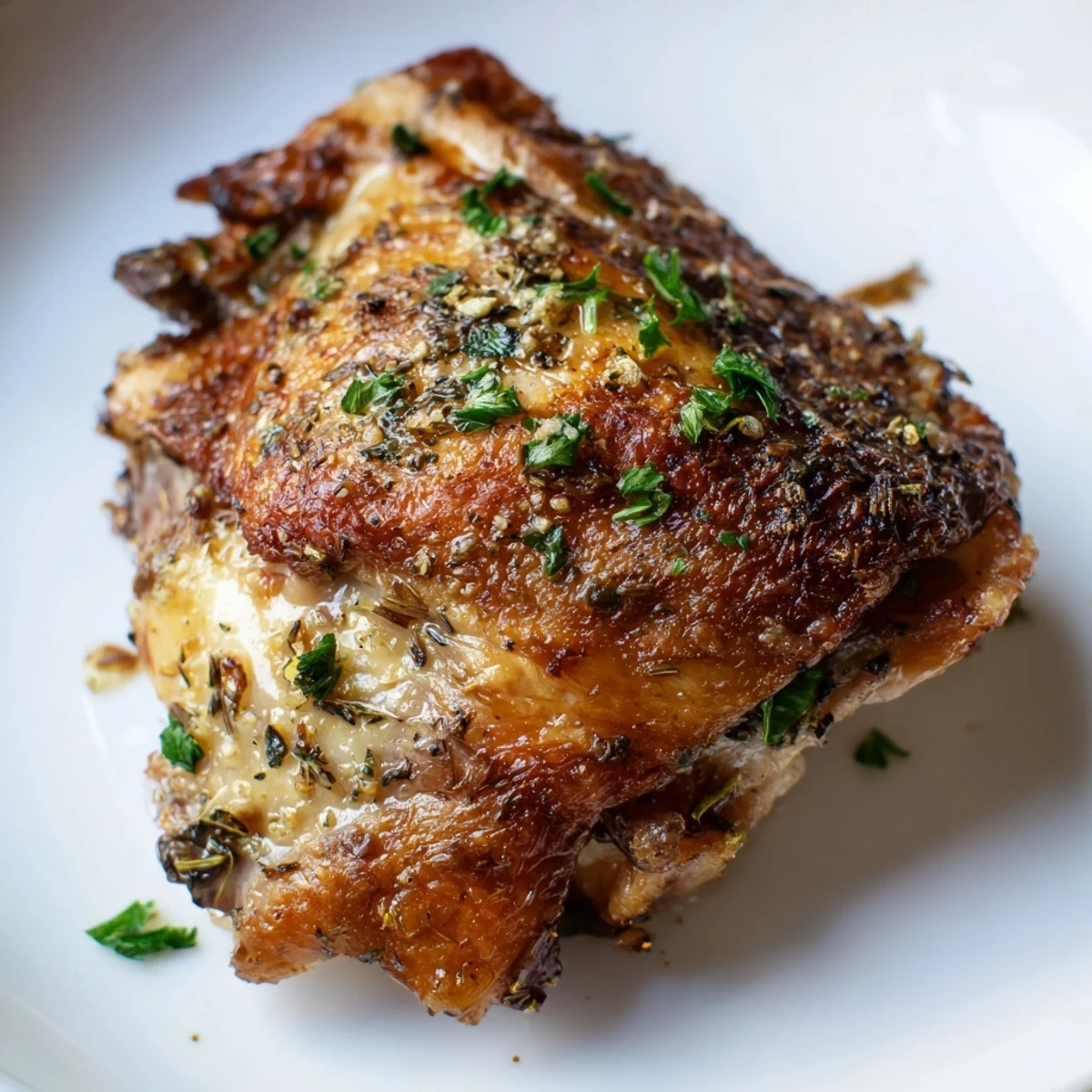 Juicy Lemon Garlic Roasted Chicken Thighs garnished with parsley and lemon wedges on a rustic platter.