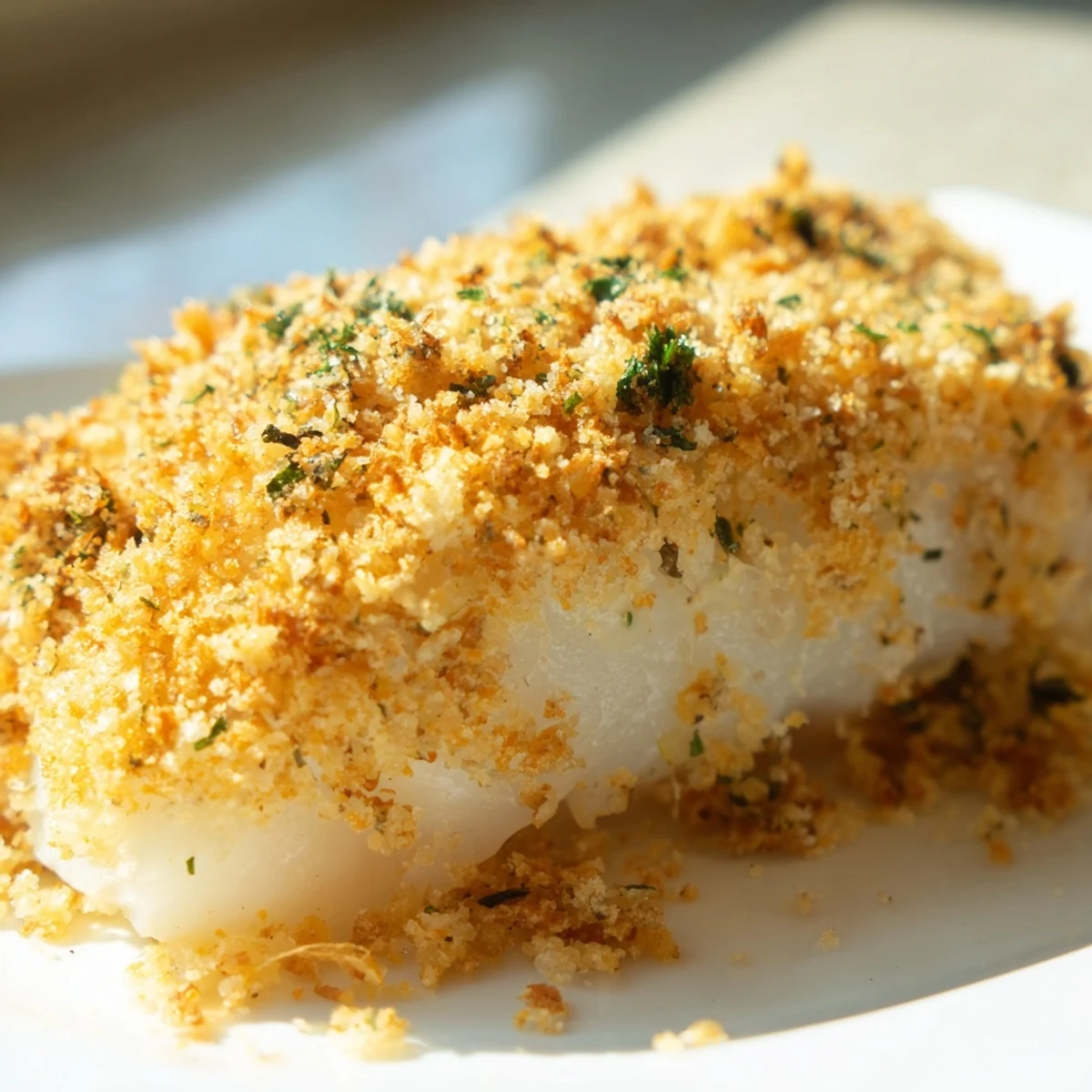 Golden brown Baked Cod with Cracker Crumb Topping flaking easily on a plate with lemon wedges.