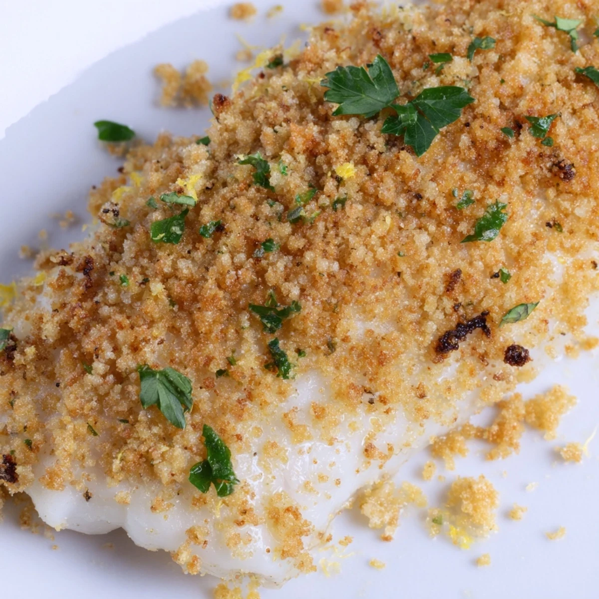 Fork showing tender white flakes of Baked Cod with Cracker Crumb Topping beside roasted potatoes.