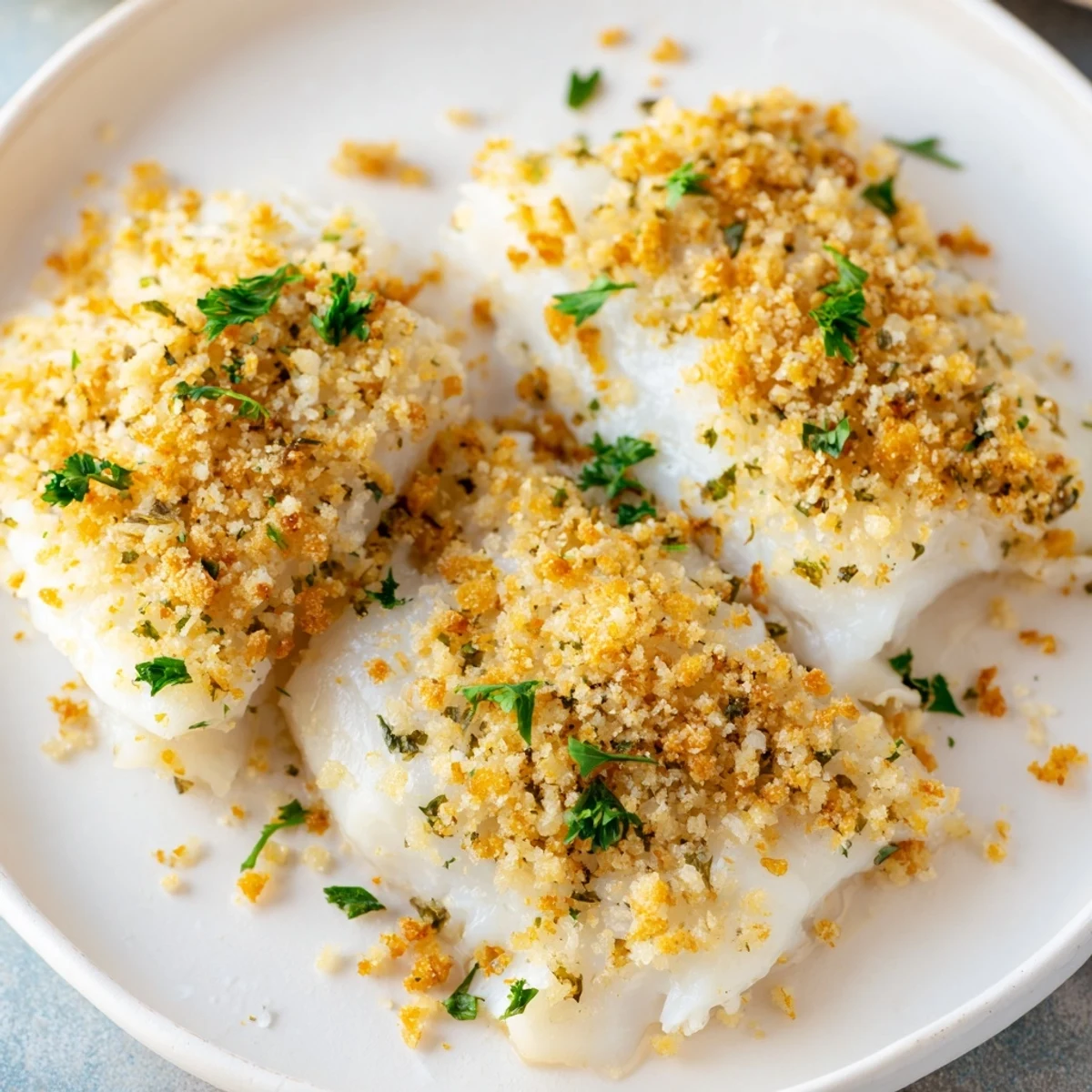 Close-up of a fillet of Baked Cod with Cracker Crumb Topping garnished with fresh parsley.
