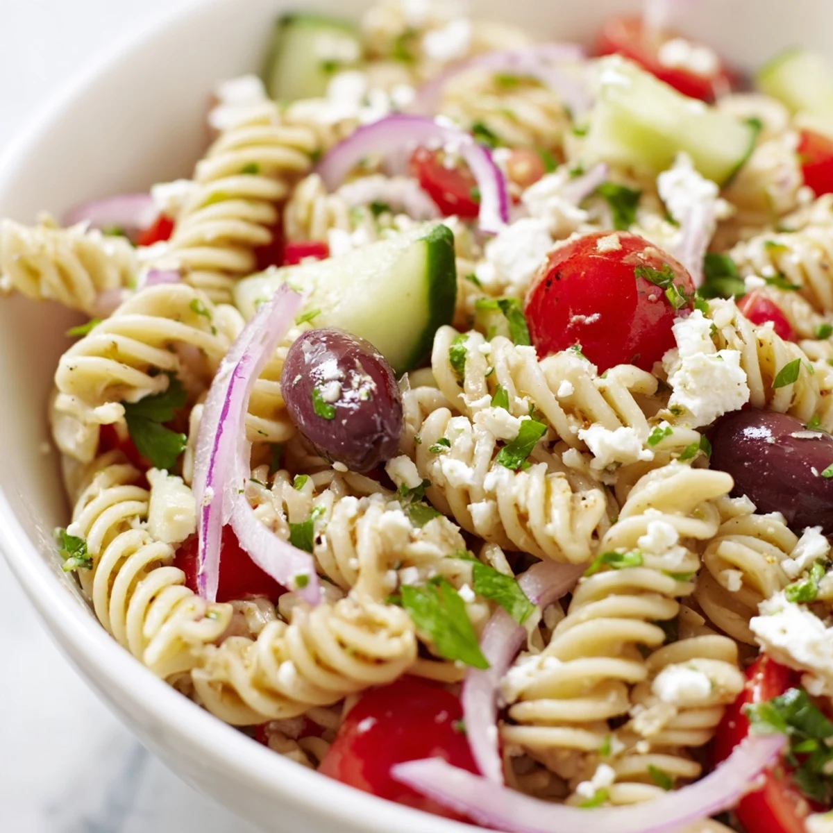 Bright, zesty Mediterranean Pasta Salad with Olives tossed in a red wine vinaigrette, featuring diced bell peppers and Kalamata olives on a rustic table.