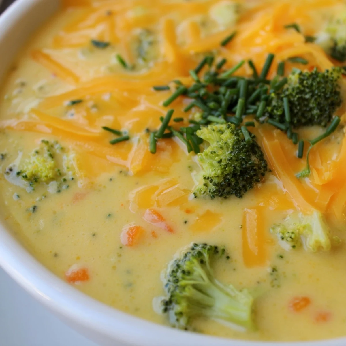 Freshly blended Creamy Broccoli Cheddar Soup in a white bowl, ready to enjoy with a slice of sourdough bread.