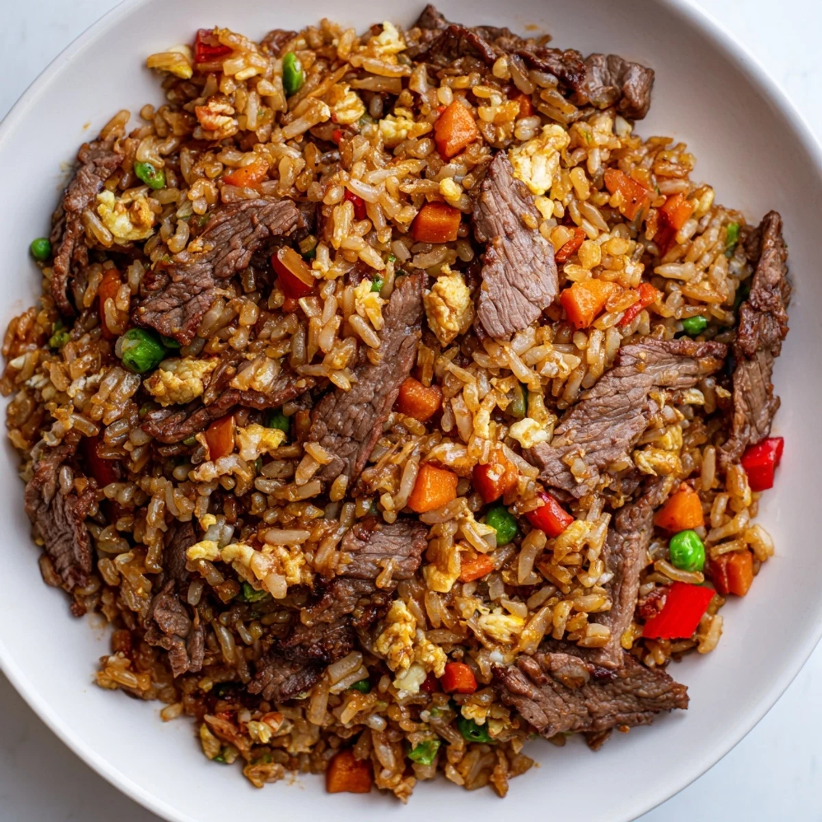 A close-up of vibrant Beef Fried Rice with Vegetables, featuring seared beef strips, colorful diced peppers, and fresh green onions on fluffy jasmine rice.