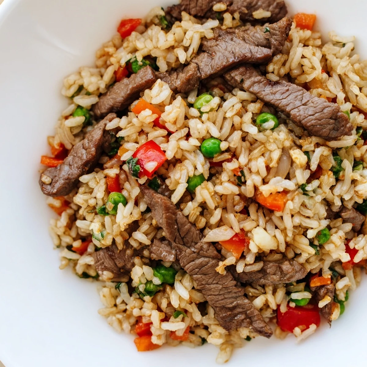 Overhead view of a large skillet filled with freshly cooked Beef Fried Rice with Vegetables, highlighting the savory sauce and perfectly separated grains.