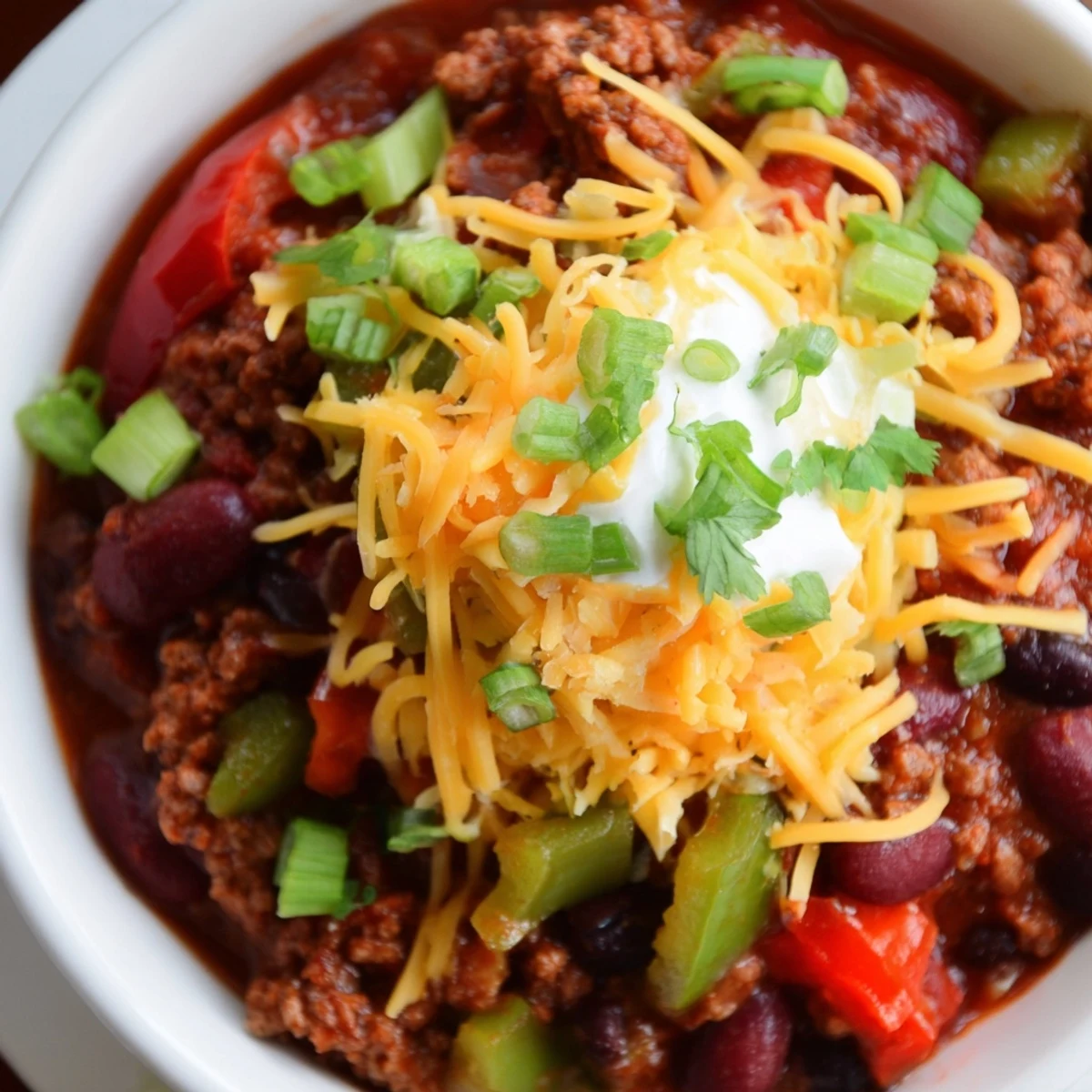 Slow Cooker Chili with Ground Beef steaming in a black bowl, topped with melted cheddar cheese and a dollop of sour cream.