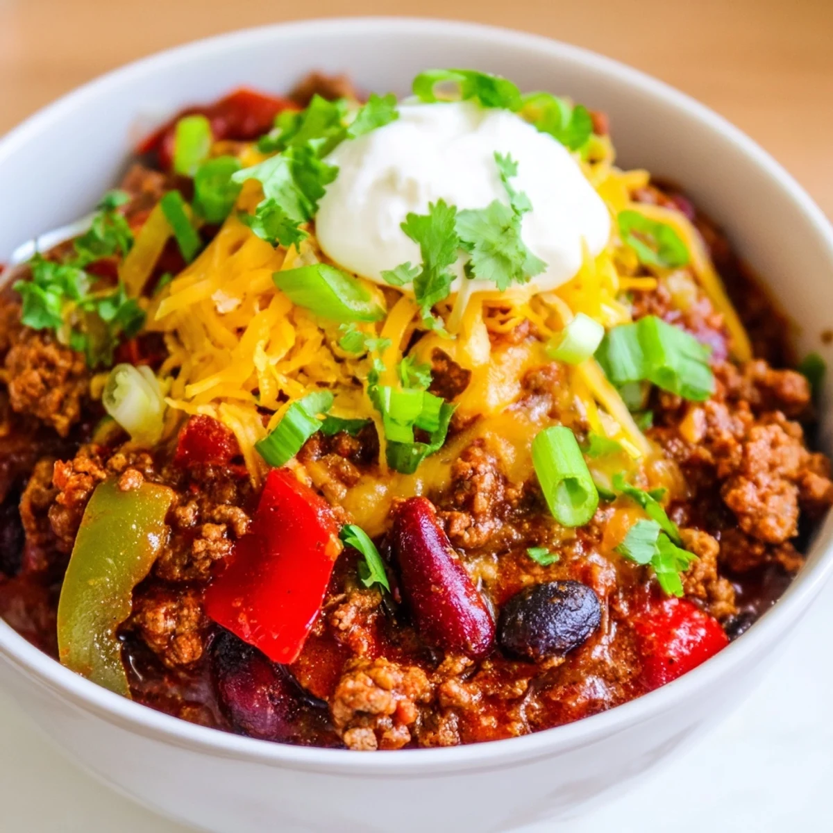 A hearty bowl of Slow Cooker Chili with Ground Beef ready for serving, garnished with fresh cilantro and chopped green onions.