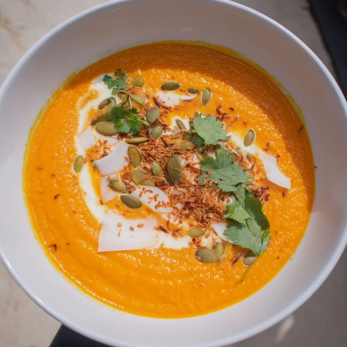 A close-up of velvety Roasted Carrot and Ginger Soup with Coconut Milk, garnished with toasted coconut flakes and fresh herbs, served in a rustic bowl.