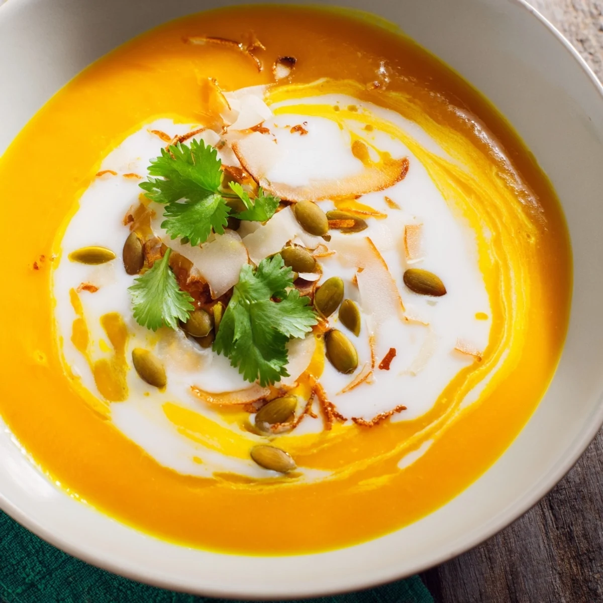 Creamy vegan Roasted Carrot and Ginger Soup with Coconut Milk steaming in a white bowl, topped with pumpkin seeds and bright green cilantro for garnish.