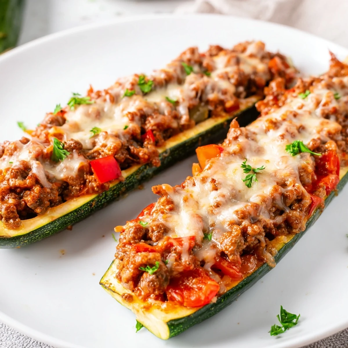 Golden baked Zucchini Boats Stuffed with Ground Beef and Tomato sit in a dish with melted mozzarella and Parmesan.
