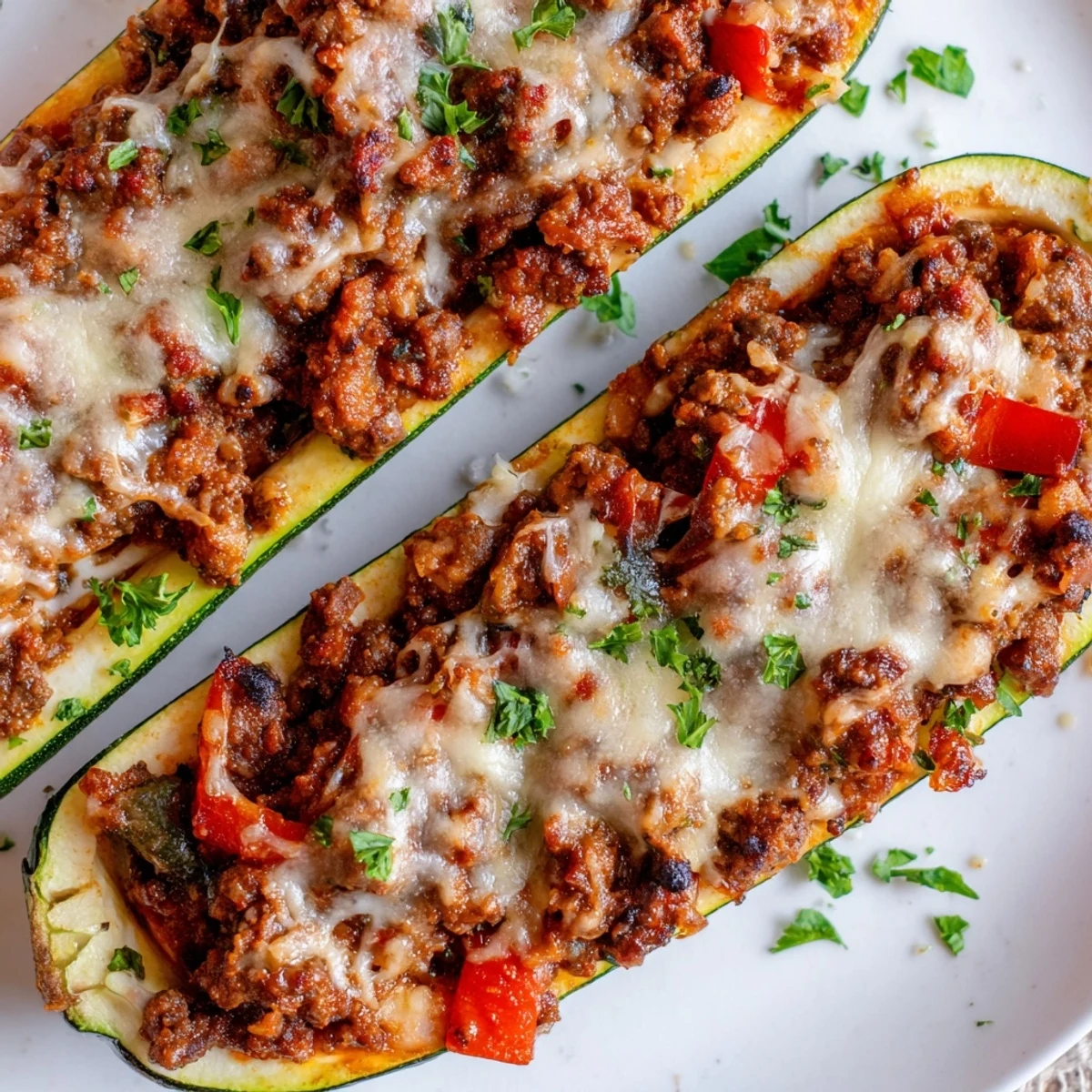 Zucchini Boats Stuffed with Ground Beef and Tomato are garnished with fresh parsley and ready to serve on a plate.