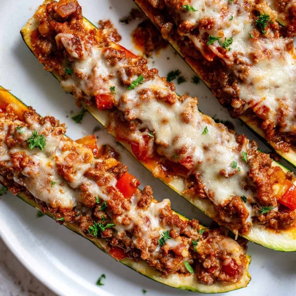 Zucchini Boats Stuffed with Ground Beef and Tomato feature bubbling cheese and a savory, hearty filling on a white plate.