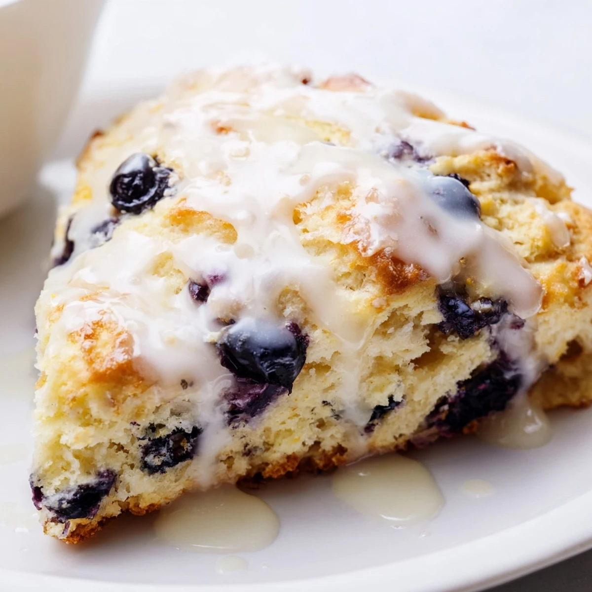 Morning tea served with Lemon Blueberry Scones with Sweet Vanilla Glaze on a floral plate, alongside a steaming mug and fresh blueberries.