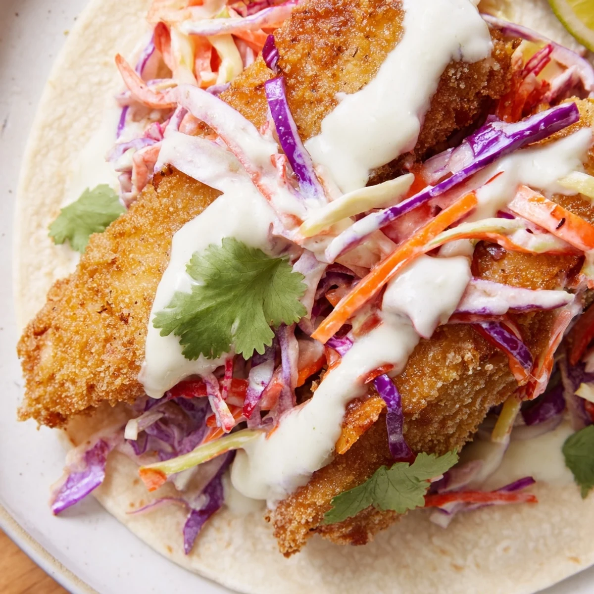 Golden fried fish fillets nestled in soft tortillas next to a vibrant shredded cabbage slaw.