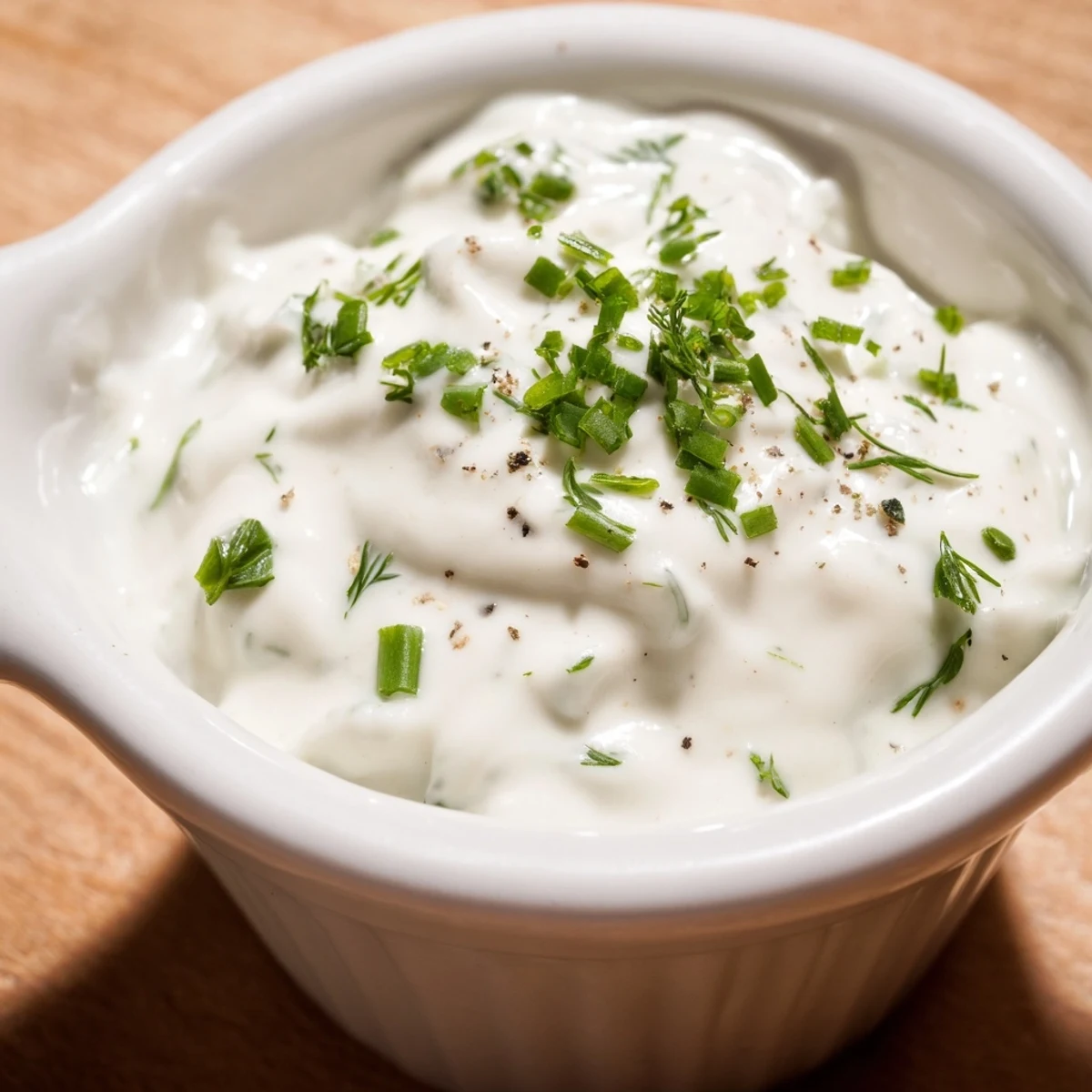A close-up of vibrant Creamy Salad Dressing with Herbs drizzled over a crisp green salad, garnished with fresh parsley and dill.