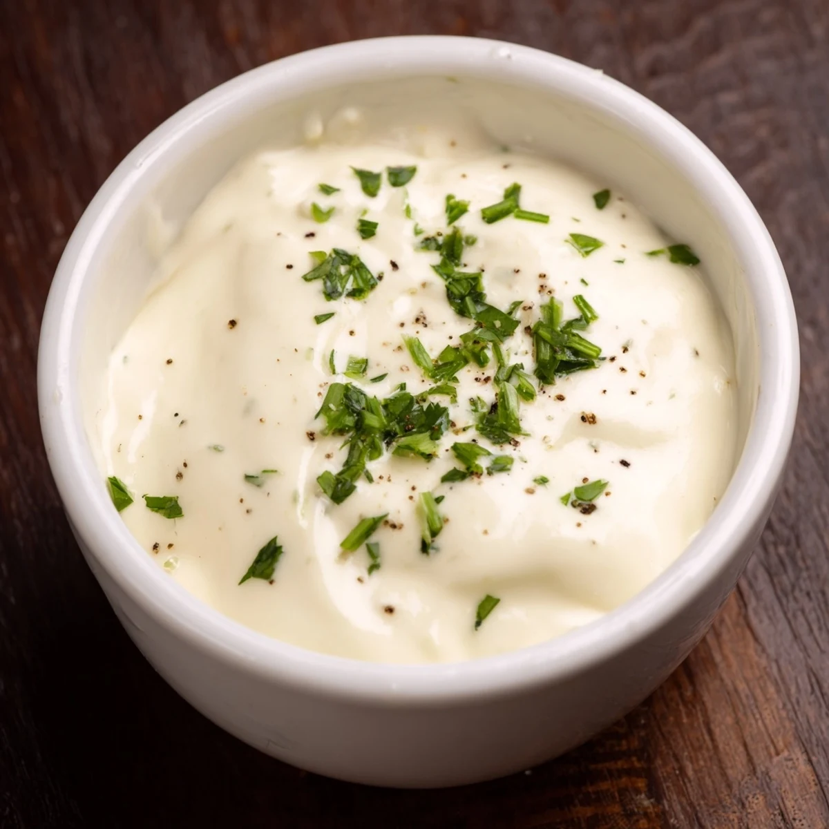 Freshly whisked Creamy Salad Dressing with Herbs sits in a rustic ceramic bowl next to chopped parsley, chives, and lemon wedges.