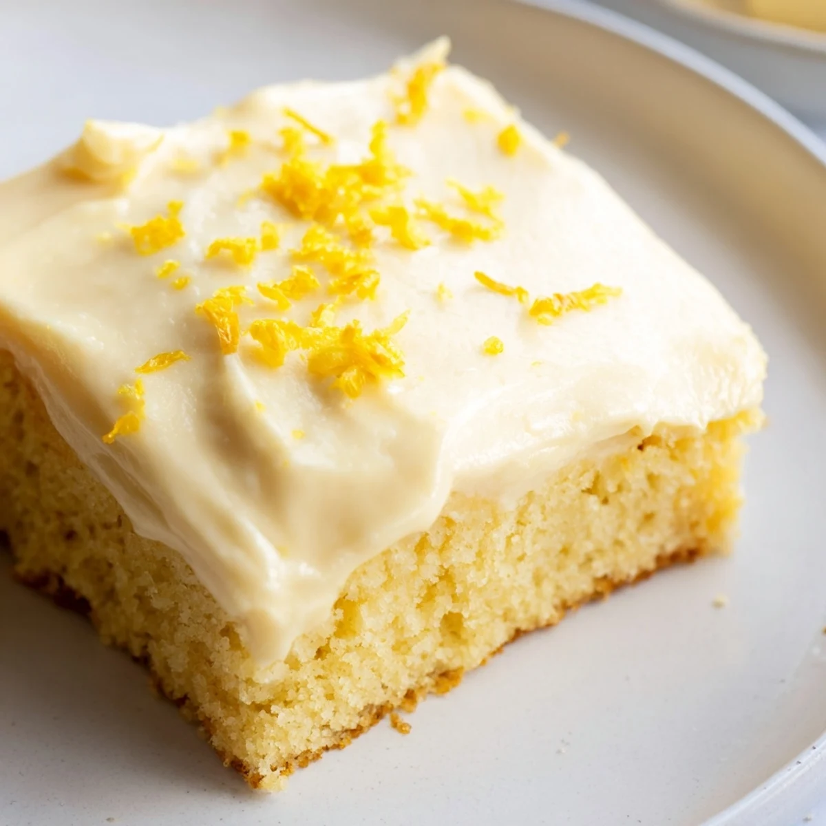 A slice of Lemon Cake with Frosting sits on a white plate, showing a moist crumb and a creamy, pale-yellow topping.
