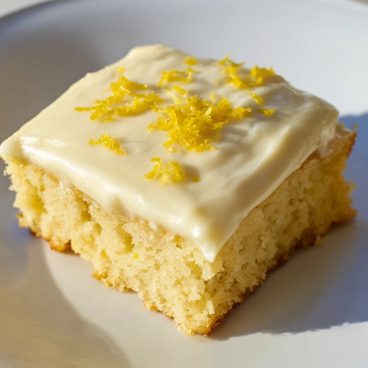 A forkful of Lemon Cake with Frosting reveals a tender, zesty interior and smooth, tangy lemon frosting in a home kitchen.