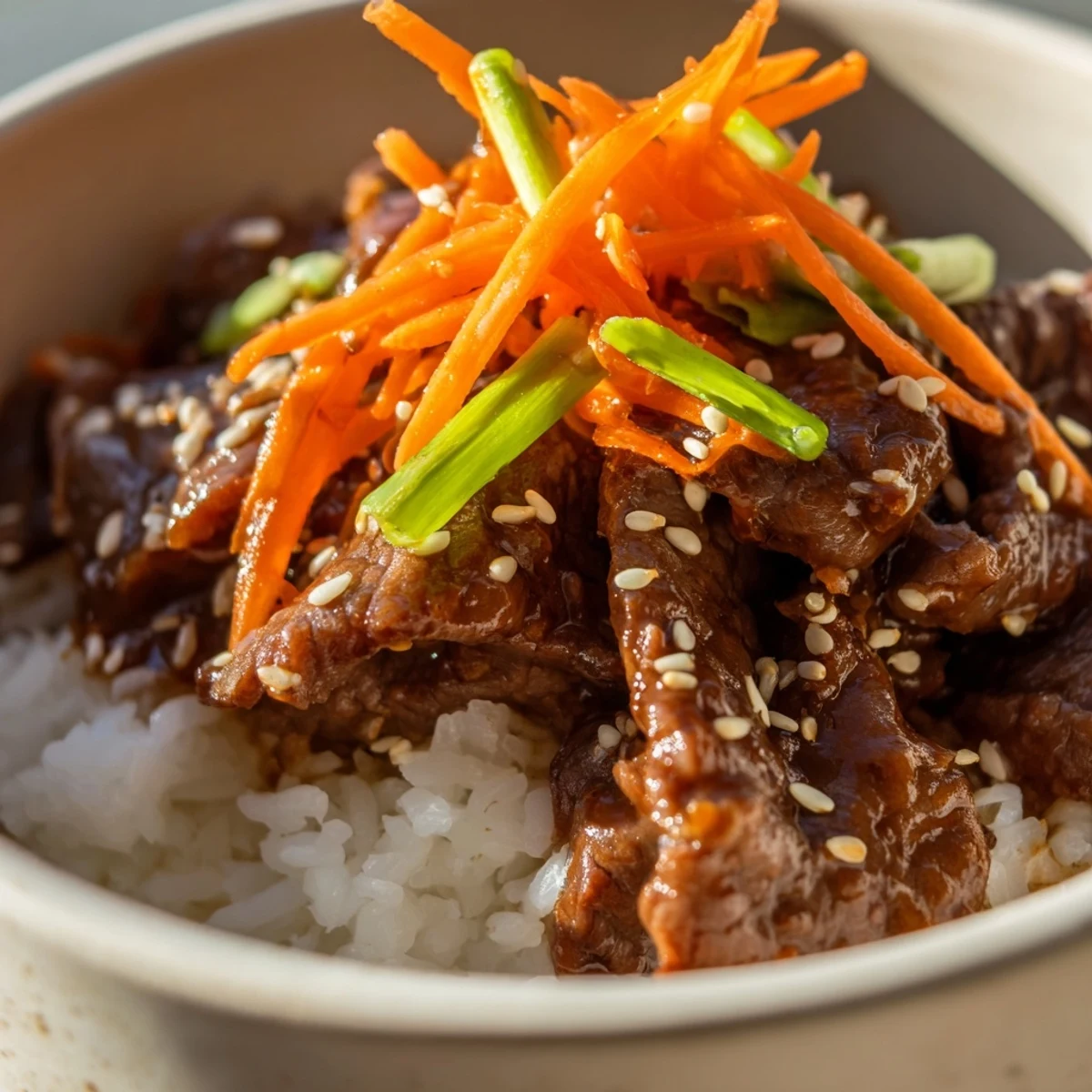 A steaming bowl of Beef Bowl with Steamed Rice topped with fresh green onions and sesame seeds.