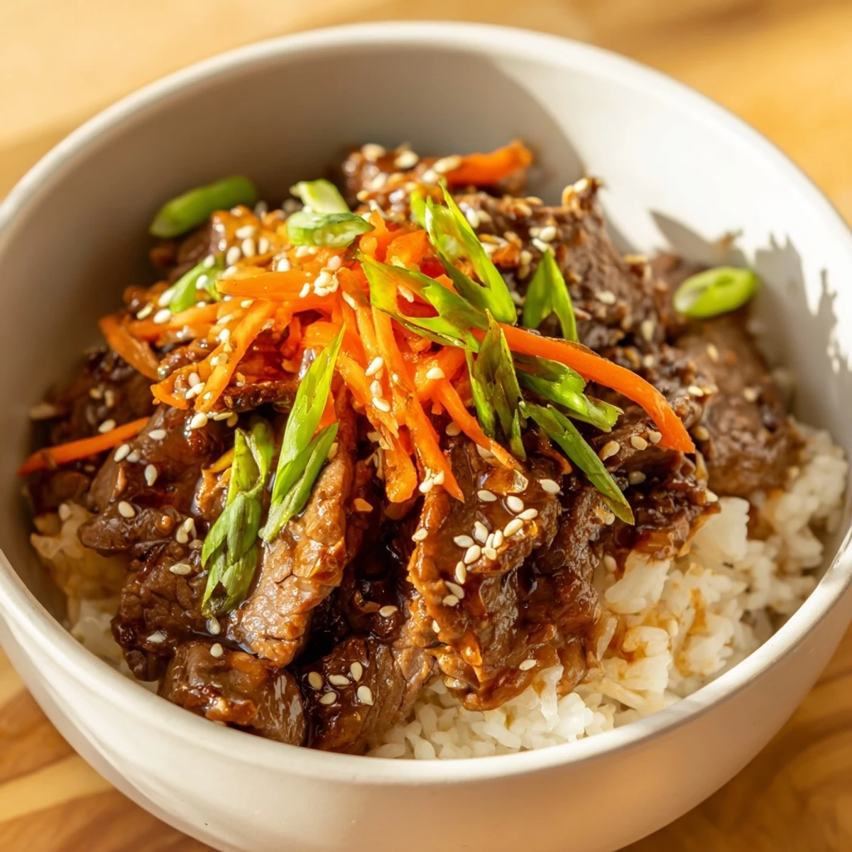 Savory Beef Bowl with Steamed Rice and julienned carrots, drizzled with glossy sauce in a ceramic bowl.